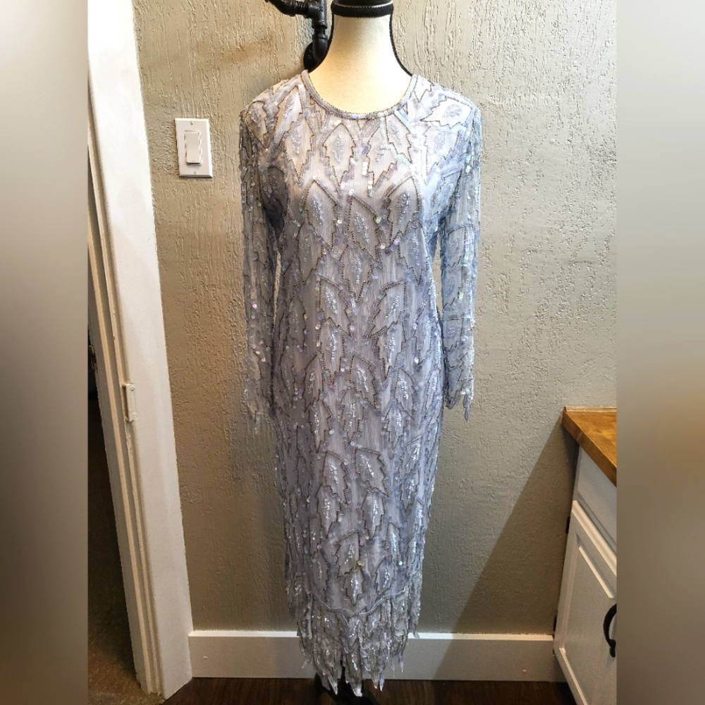 Vintage Laurence Kazar 100% Silk Sequin Beaded Sheer Sleeve Dress